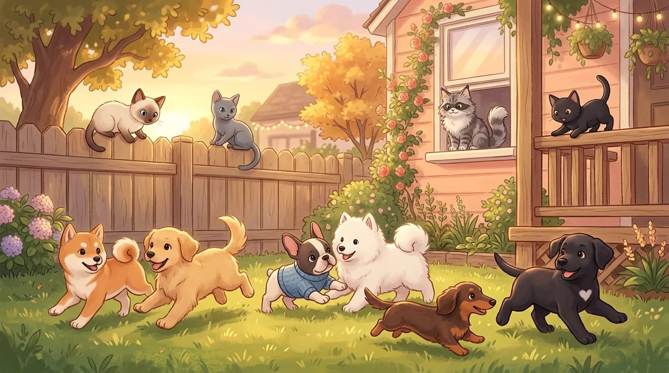 Puppies and kittens playing together in a sunny backyard